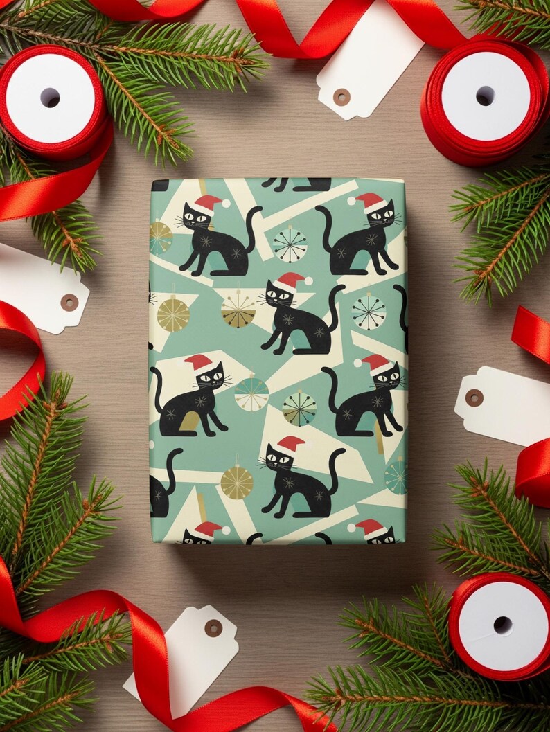 Cat Christmas Paper Midcentury Modern Gift Wrap Holiday Presents Atomic Santa Hat Festive Design Black Cat Lover Wrapping Paper Christmas image 9