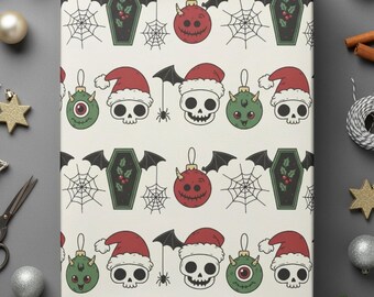 Halloween Christmas Gothmas Skull Wrapping Paper Creepy Christmas Gift Wrap Spooky Holiday Skulls Coffins Spiderweb Cute Punk Ornaments Xmas