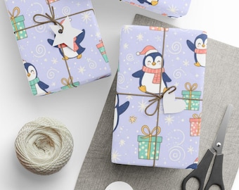 Cute Penguin Holiday Wrapping Paper, Christmas Gift Wrap, Festive Penguins with Presents, Holiday Season Gift Wrap, Christmas Wrapping