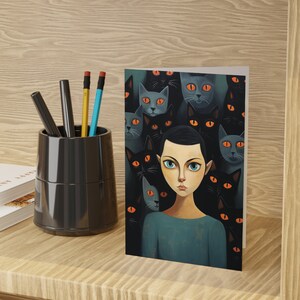 Cartões de arte Cat Lady In Blue, cartões comemorativos, cartões em branco de pacote único ou múltiplo