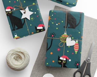 Kat Kerstomslag Feestdagen Cadeau Papierrol Feestelijk ontwerp Zwart kerstmuts Cadeau Inpakidee Grillige decoratie Dierenprint Schattig Felin