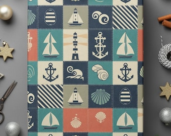 Nautical Sailboat Wrapping Paper, Coastal Gift Wrap, Ocean Boat Pattern, Sea-Lovers Gift Supplies