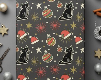 Mid Century Christmas Wrapping Paper Black Cat Retro Holiday Gift Wrap Atomic Star Ornament Festive Kitty MCM Style Vintage Holiday Present