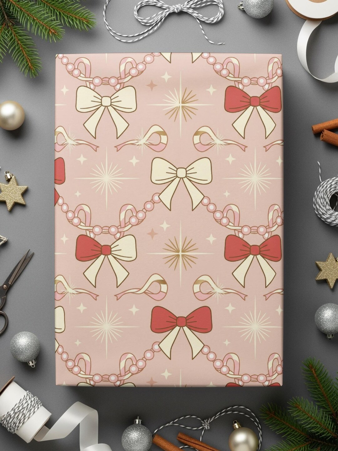 Hooks Wrapping Paper Bow Wrapping Paper, Ribbon Wrapping Paper, Pearls Wrapping Paper, Stars ...
