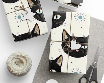 Papel de regalo con diseño de gato negro, papel de regalo navideño, papel de regalo con temática felina, papel de regalo con un gato adorable