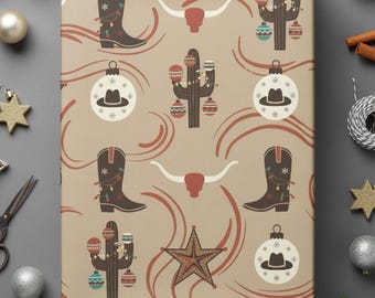 Western Cowboy Christmas Wrapping Paper Gift Country Theme Cactus Pattern Boots Design Rustic Aesthetic Southwestern