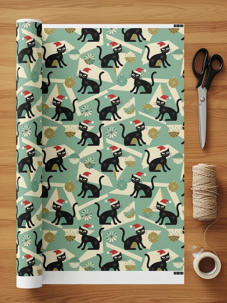 Cat Christmas Paper Midcentury Modern Gift Wrap Holiday Presents Atomic Santa Hat Festive Design Black Cat Lover Wrapping Paper Christmas image 8