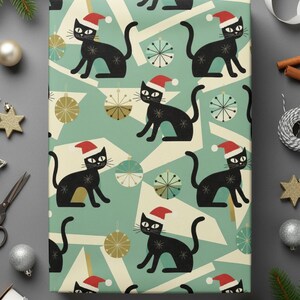 Cat Christmas Paper Gift Wrap Holiday Presents For Cat Lovers Santa Hat Festive Design Black Cat Pattern Holiday Wrapping Paper Christmas Decoration Unique Whimsical Cat Ornament Print Festive Gift Packaging Winter Holiday Theme Perfect
