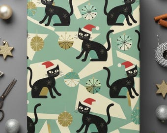 Cat Christmas Paper Midcentury Modern Gift Wrap Holiday Presents Atomic Santa Hat Festive Design Black Cat Lover Wrapping Paper Christmas