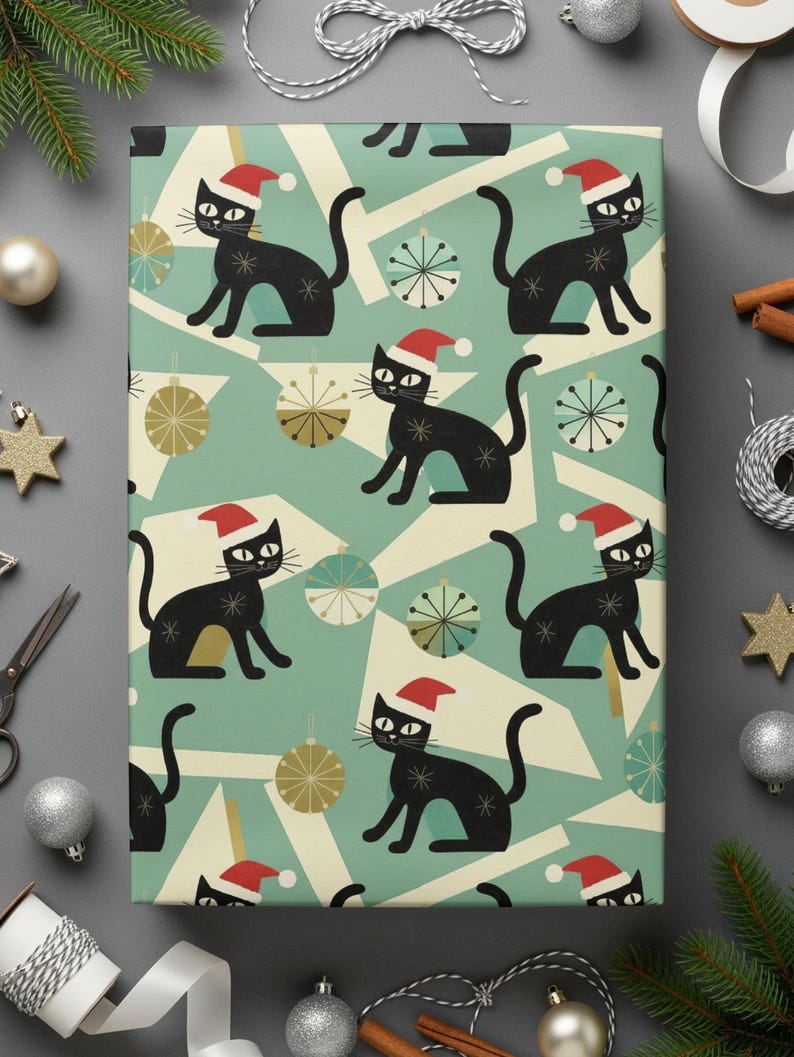 Cat Christmas Paper Gift Wrap Holiday Presents For Cat Lovers Santa Hat Festive Design Black Cat Pattern Holiday Wrapping Paper Christmas Decoration Unique Whimsical Cat Ornament Print Festive Gift Packaging Winter Holiday Theme Perfect