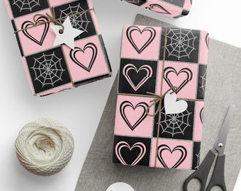 Goth Hearts Wrapping Paper, Halloween Gift Wrap, Spiderweb Pattern, Pastel Goth Paper, Emo Aesthetic Packaging, Unique Gift Wrap Paper