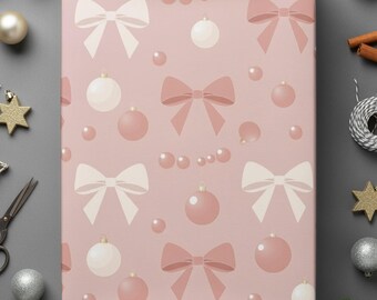 Pink Christmas Wrapping Paper, Bows and Baubles, Holiday Gift Wrap, Cute Festive Paper, Elegant Gift Wrap, Christmas Decoration
