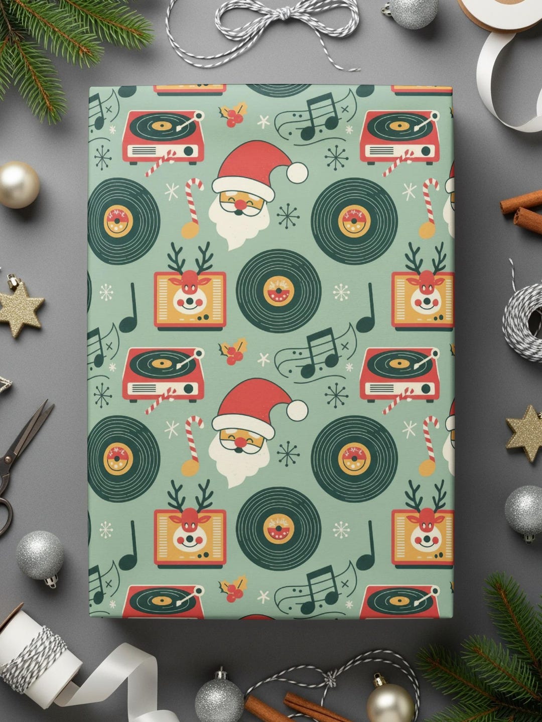 Mid-century Modern Christmas Wrapping Paper Retro Records, Santa Radio ...
