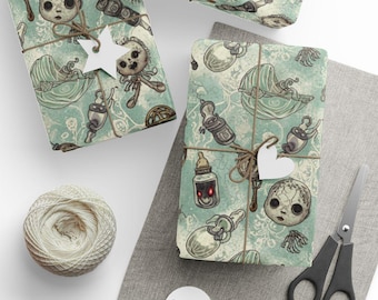 Creepy Doll Baby Heads Wrapping Paper, Gothic Nursery, Macabre Baby Shower, Goth Gift Wrap, Oddities Gifting