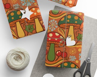 Kerstcadeaupapier met paddestoelen, retro vakantiewrap, feestelijke cadeauverpakking, leuke vakantiepaddestoelen, uniek kerstpapier, leuk cadeaupapier