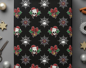Gothic Christmas Wrapping Paper Skull Santa Spider Web Holiday Design Creepy Festive Dark Gothmas Macabre Alternative Wrap Spooky Goth