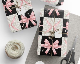 Elegant Wrapping Paper Gift Wrap Birthday Present Decoration Ideas Stylish Packaging Premium Material Luxury Pink Bow Pearl Pattern Feminine