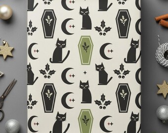 Papel de regalo con gato gótico, papel de regalo oscuro para las fiestas, estampado navideño de gato negro, regalos alternativos para amantes de los gatos
