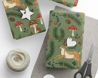 Deer and Mushroom Christmas Wrapping Paper, Holiday Gift Wrap, Festive Forest Design, Christmas Deer Wrapping, Gift Wrapping