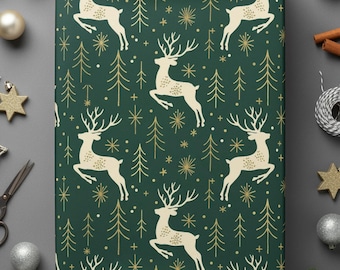 Christmas Reindeer Pattern, Holiday Gift Wrap, Festive Wrapping Paper, Decorative Christmas Paper, Reindeer and Trees Design