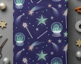 Celestial Christmas Wrapping Paper Magic Snow Globe Starry Night Holiday Gift Wrap Shooting Stars Wands Winter Fantasy Cosmic Festive Decor