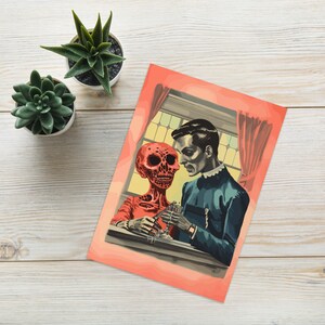Grußkarte, Valentinstag, Karte, romantische Skelettliebe, einzigartiger künstlerischer Gruß, innen leer, dunkle Academia, gruselige Karten der Liebe