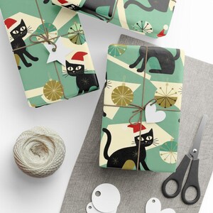 Christmas Wrapping Paper Cat Design Holiday Gift Wrap Festive Black Cat Pattern Santa Hat Cats Christmas Present Packaging Whimsical Cat Lover Gift Idea Unique Holiday Paper Winter Celebration Theme Festive Wrapping Material Perfect Present
