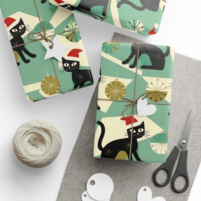 Christmas Wrapping Paper Cat Design Holiday Gift Wrap Festive Black Cat Pattern Santa Hat Cats Christmas Present Packaging Whimsical Cat Lover Gift Idea Unique Holiday Paper Winter Celebration Theme Festive Wrapping Material Perfect Present