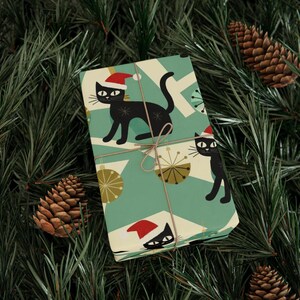 Unique Cat Wrapping Paper Christmas Holiday Design Black Cat Santa Hat Pattern Festive Gift Packaging Material Whimsical Cat Lover Present Wrap Winter Holiday Theme Special Christmas Paper Cat Owner Gift Idea Perfect Present Packaging