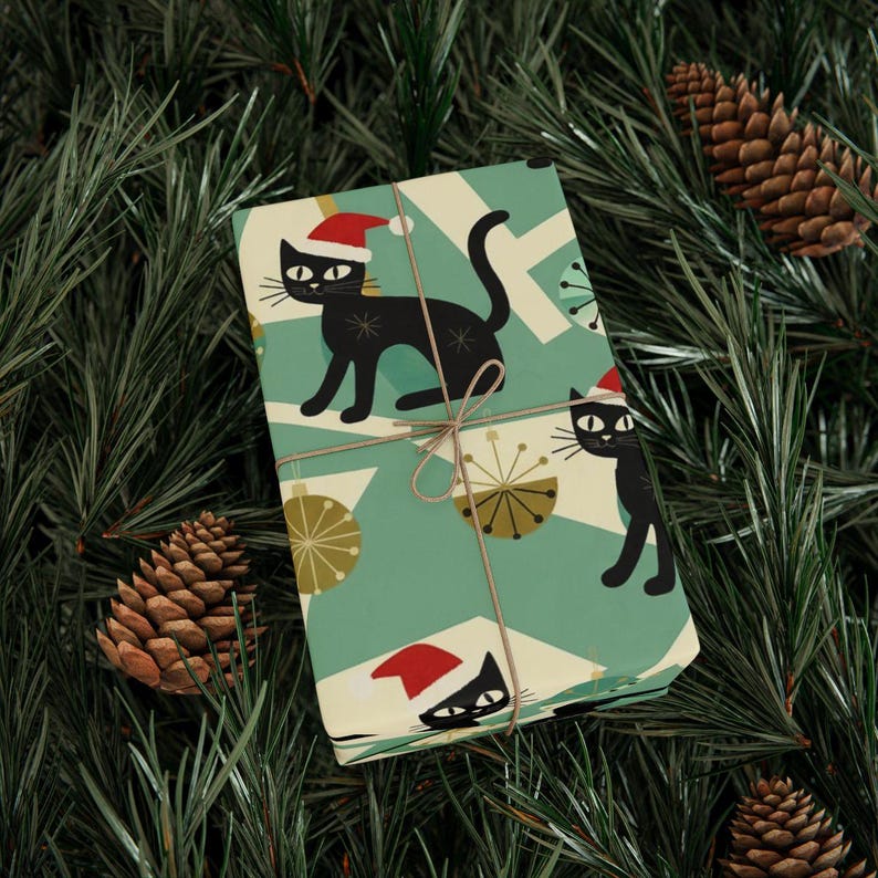 Unique Cat Wrapping Paper Christmas Holiday Design Black Cat Santa Hat Pattern Festive Gift Packaging Material Whimsical Cat Lover Present Wrap Winter Holiday Theme Special Christmas Paper Cat Owner Gift Idea Perfect Present Packaging