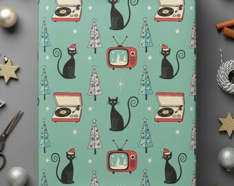 Midcentury Christmas Wrapping Paper Black Cat Retro Holiday TV Record Player Vintage Tree Seasonal Gift Wrap Cute Kitty Festive MCM Style