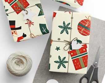 May include: Wrapped gifts with festive holiday-themed wrapping paper featuring Santa Claus, ornaments, and gift boxes. Each package is tied with twine and a white tag. A ball of twine, scissors, and blank tags are also present.