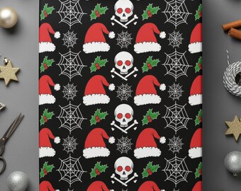 Gothic Skull Santa Wrapping Paper, Alternative Christmas Gift Wrap, Skull in Santa Hat Pattern for Gothmas, Spiderwebs