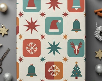 Vintage Style Christmas Retro Wrap Paper Holiday Gift Wrapping Supplies Traditional Festive Deer Design Santa Hat Print Pattern Bell Tree