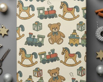 Vintage Toy Wrapping Paper, Retro Nursery Gift Wrap, Cute Kids Present Paper, Classic Baby Toys Pattern