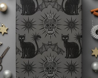 Black Gothic Cat Skull Wrapping Paper | Witchy Bats & Starburst Gift Wrap | Dark Gothmas Holiday