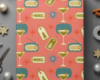 Retro Christmas Paper Holiday Wrap Vintage Style Martini Pattern Wrapping Design Noel Theme Midcentury Modern Festive Gift Tag Decoration