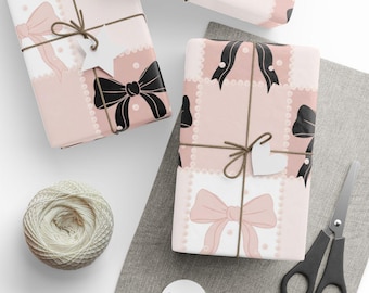 Papel de regalo con lazo, papel de regalo elegante, lazos negros y rosas, papel decorativo, patrón de lazo, embalaje de regalo, papel de regalo de cumpleaños, papel de regalo con lazo