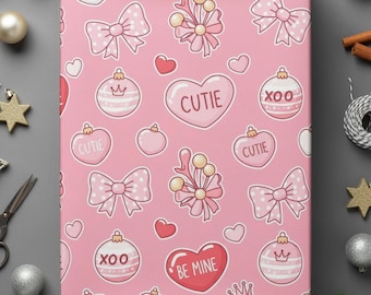 Pink Valentines Wrapping Paper, Cute Hearts Wrapping, Kawaii Style Valentines, Heart Ornaments, Bows Gift Wrap, Sweet Valentines Gift