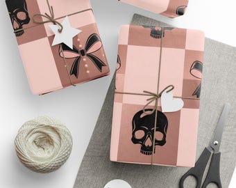 Skull and Bow Wrapping Paper, Gothic Gift Wrap, Spooky Wrapping Paper, Halloween Wrapping Paper, Alternative Gift Wrap, Pink wrapping paper