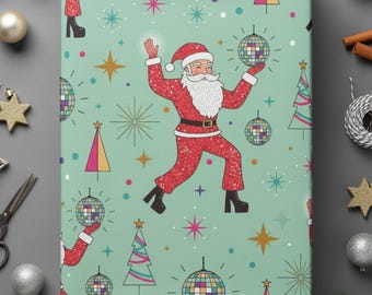 Disco Santa Christmas Wrapping Paper Retro Holiday Gift Wrap Midcentury Modern Holiday Party Theme Vintage Christmas Tree Funky Festive MCM