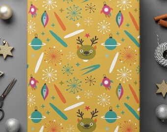 Retro Christmas Wrap Space Reindeer Paper Design Nostalgic Gift Holiday Rocket Pattern Vintage Style Atomic Decoration Festive Deer Wrapping
