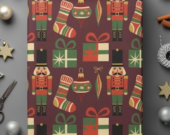 Nutcracker Wrapping Paper Christmas Gift Wrap Roll Holiday Wrapping Festive Design Traditional Nutcracker Present Decorative Packaging