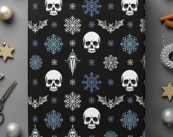 Gothic Winter Wrapping Paper, Skulls, Bats, Snowflakes, Unique Gift Wrap, Holiday Wrapping Paper, Dark Christmas Decor, Alt Wrapping Paper