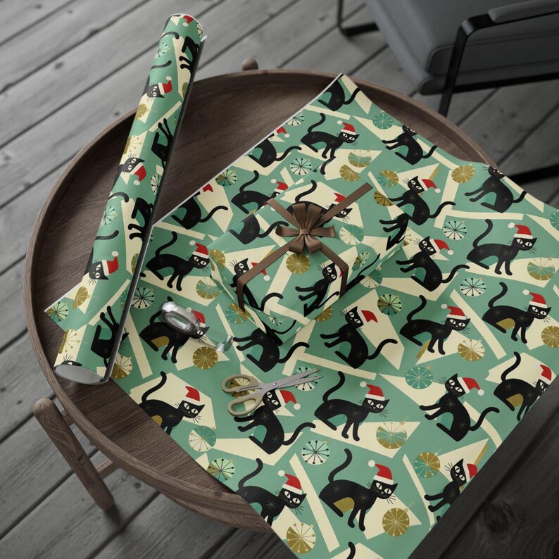 Festive Holiday Gift Wrap Cat Christmas Paper Black Cat Santa Hat Pattern Whimsical Present Packaging Material Cat Lover Christmas Gift Wrap Unique Holiday Design Winter Season Wrapping Paper Festive Cat Pattern Special Present Packaging