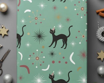 Retro Black Cat Party Pattern, Mid-Century Modern Atomic Style, Whimsical Cat Design, Turquoise Background, Vintage Aesthetic, Cat Lovers