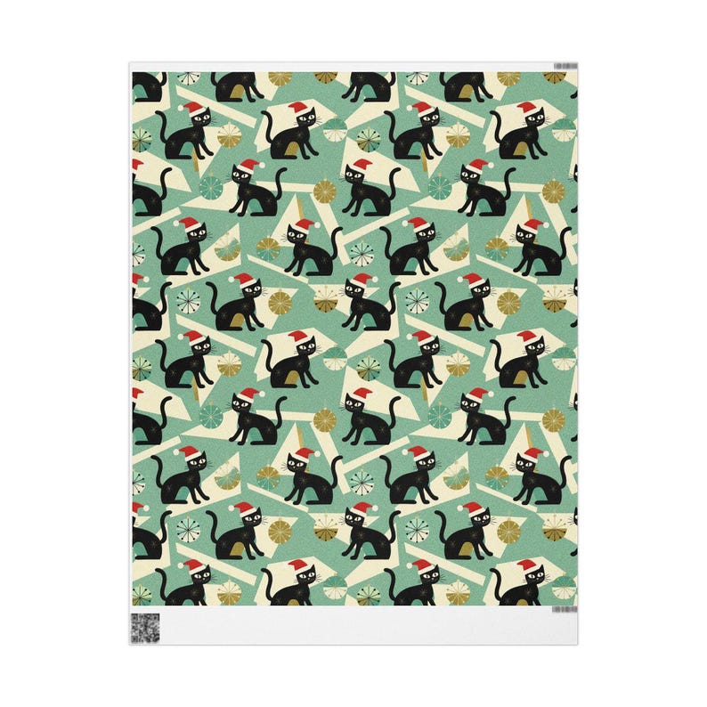 Cat Christmas Paper Midcentury Modern Gift Wrap Holiday Presents Atomic Santa Hat Festive Design Black Cat Lover Wrapping Paper Christmas image 7