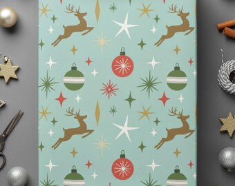 Midcentury Christmas Wrap Holiday Gift Wrapping Paper Retro Design Vintage Ornament Pattern Reindeer Decoration Festive Tree Classic Style