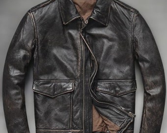 Handgefertigte Motorrad-Jacke aus echtem Leder in Distressed-Optik für Herren | Schwarze Motorrad-Lederjacke für Herren im Vintage-Stil