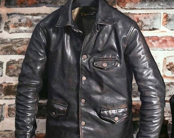 Giacca da uomo in pelle di pelle di mucca nera invecchiata fatta a mano in stile vintage / Giacca da uomo in pelle da motociclista nera dall'aspetto vintage